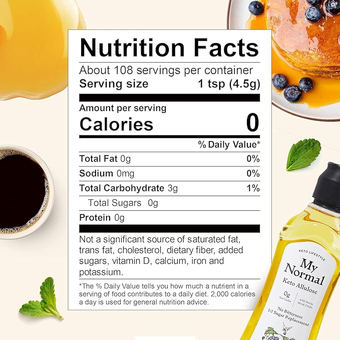 My Normal Keto Allulose 17.10 oz - Allulose 99.52%, Monk Fruit, Stevia Blend Thin Syrup, Zero Calorie Sweetener, 1:1 Sugar Substitute, Low Glycemic, Gluten Free, Zero Net Carbs, Zero Sugar