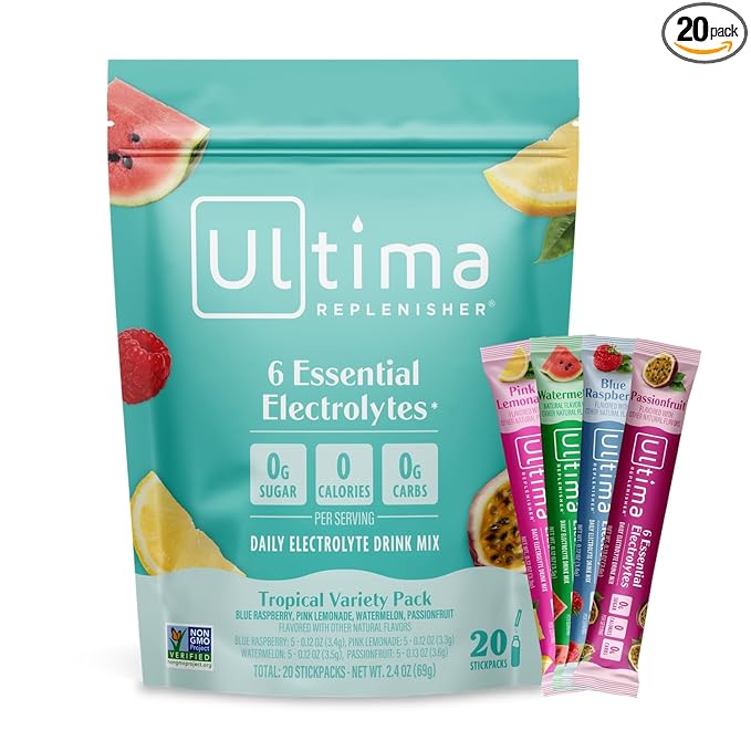 Ultima Replenisher Daily Electrolyte Powder Drink Mix ??Sugar Free ??Tropical Variety, 20 Stickpacks ??Hydration Packets with 6 Electrolytes and Minerals ??Keto Friendly, Non-GMO