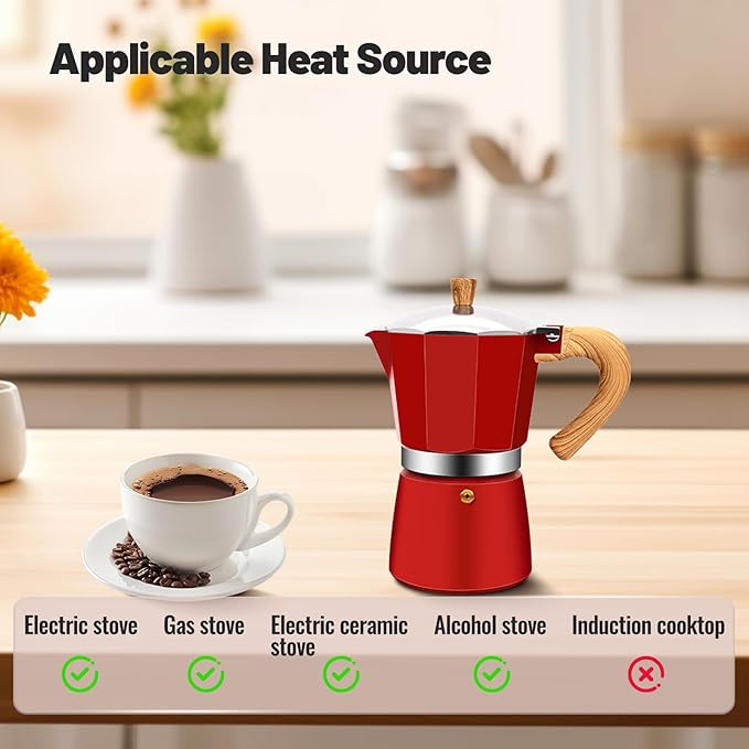 3 Cup Aluminum Moka Pot Classic Stovetop Espresso Coffee Maker 150ml 5oz Coffeemaker Percolator Mocha Pot Greca Coffee Maker Cafe Makers for Italian and Cuban Cafì±?Brewing Red