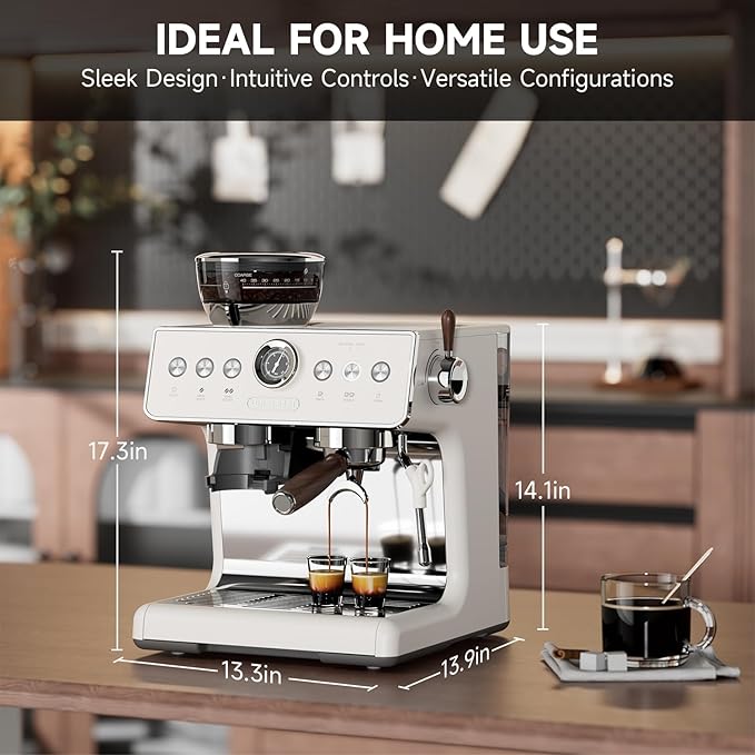 Espresso Machine with Grinder, 20 Bar Espresso Machine with Milk Frother, Expresso Coffee Machines for Home, Professional Espresso Maker, Cappuccino & Latte Machine for Home (White)