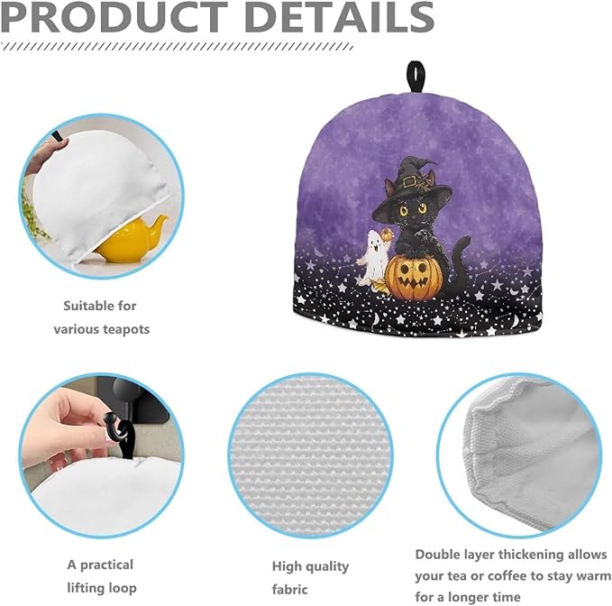 Black Cat Tea Cozy for Teapot Insulated for Halloween Day Pumpkin Teapot Insulation Cover Breakfast Warmer Keeping Warm Kettle Kitchen Dust Cover