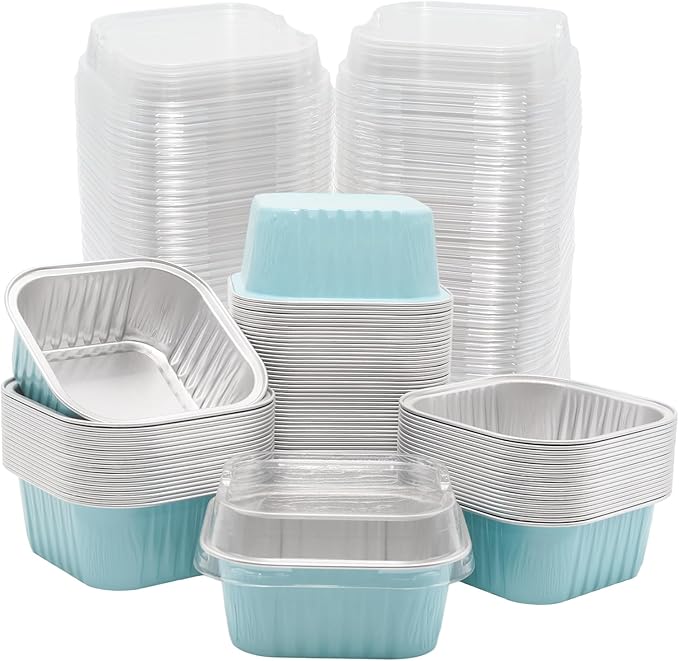 100 Pack 5oz Aluminum Pans with Lids Mini Square Foil Baking Cups with Lids Cupcake Baking Holders, Blue