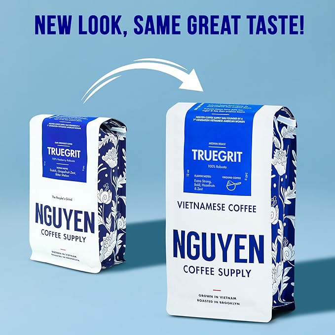 Nguyen Coffee Supply - Truegrit Robusta: Medium Roast Ground Coffee Beans, Vietnamese Single Origin, Direct Trade, Low Acid with High Caffeine Content, Roasted in Brooklyn [12 oz Bag]