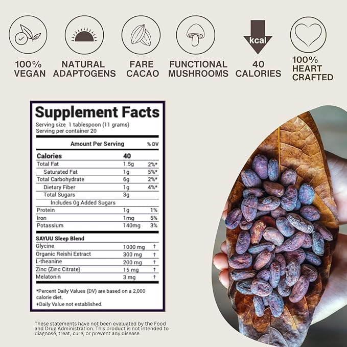 SAYUU Mushroom Coffee Hot Cocoa Mix ?“Instant Coffee Blend Enriched with Reishi, L-Theanine, Melatonin, Rich Cacao Flavor, Gut & Immune Health Support, Quick & Easy Bedtime Drink - 20 Servings