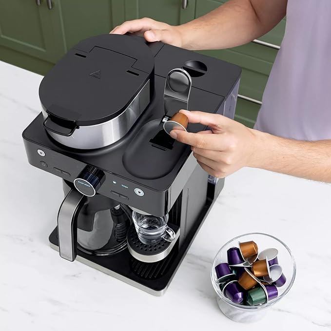 Ninja CFN602 Espresso & Coffee Barista System with Ristretto Function, Single-Serve Coffee, Compatible with Nespresso Capsule, 12-Cup Carafe, Built-in Frother, Cappuccino & Latte Maker (Renewed)