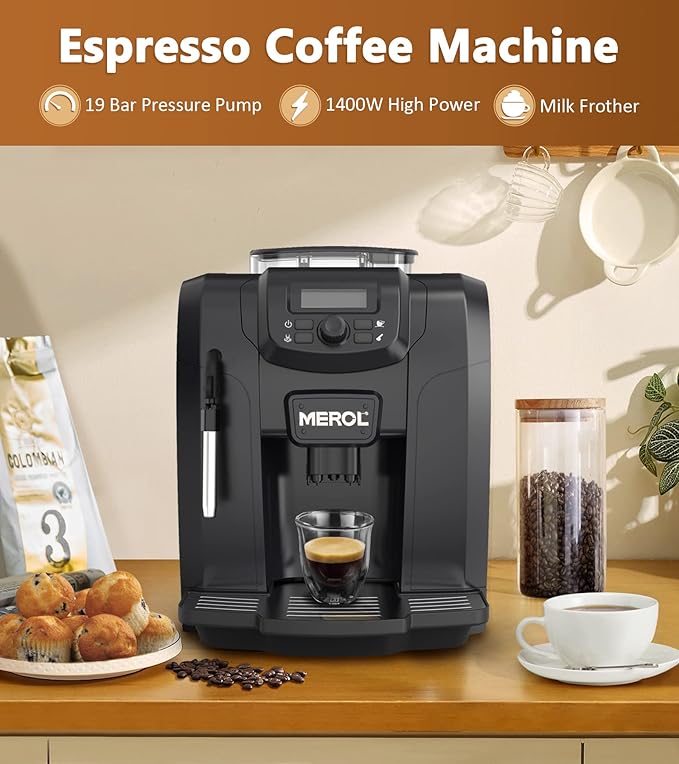 MEROL Fully Automatic Espresso Coffee Machine, 19 Bar Cafe Maker Built-in Adjustable Grinder and Manual Milk Frother Steam Wand, for Cappuccino Latte Macchiato, for Coffee Lover, ME-715, Black