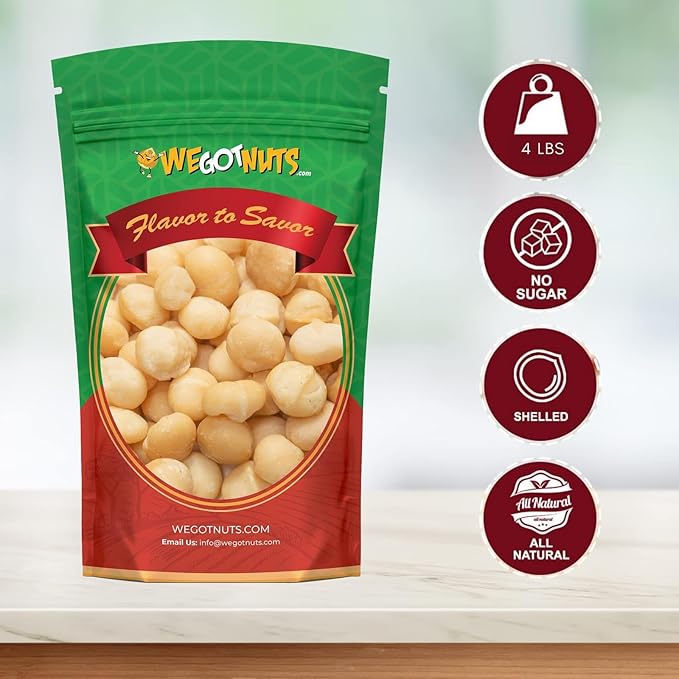 Raw Deluxe Macadamia Nuts - 4 lbs - Shelled & Unsalted Premium Quality Kosher Raw Macadamia Nut Snack Pack By We Got Nuts - Natural Gourmet Fresh Macadamia Nuts Bulk - Packed In A Resealable Pouch Bag
