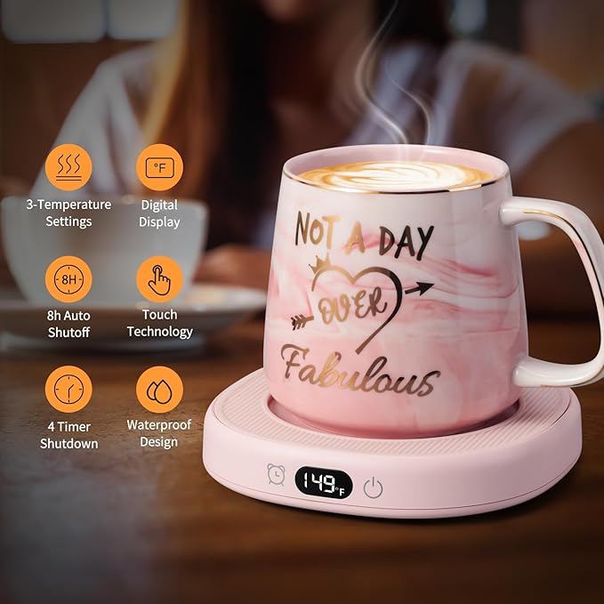 Coffee Mug Warmer & Not A Day Mug Set, Electric Cup Warmer for Desk Office Home, Beverage Warmer with 3 Temperature Setting, 8-Hours Auto Shut Off, Best Birthday Present Ideas for Women