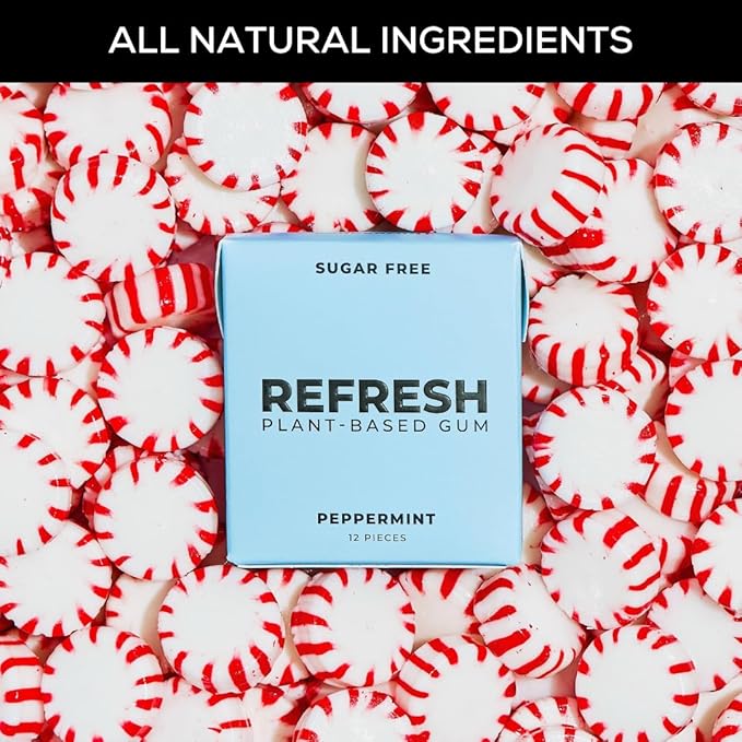 Refresh Gum, Xylitol, Natural, Sugar Free, Long Lasting, Plastic Free, Natural Flavors & Organic Ingredients, Plant-Based, Low Calorie, Non GMO, Gluten Free, Vegan, Peppermint, 12 Pcs, 12 Pck