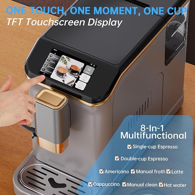 Super Automatic Espresso Machine 20 Bar with Grinder, One Touch Recipes & Automatic Milk Frother, 1350W Compact Bean to Cup Coffee Maker with TFT Touchscreen for Home Barista, Silver & Gold