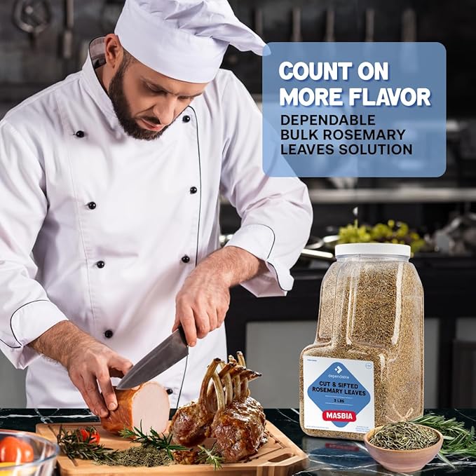 Dependable Food Rosemary Leaves Cut & Sifted - 3 Lb. Jar - Bulk, Kosher, Rosemary Herb for Chefs, Restaurants & Culinary Enthusiasts - Non-GMO, Gluten-Free Seasoning Perfect for Roasted Meats, Poultry, Vegetables & Savory Baked Goods