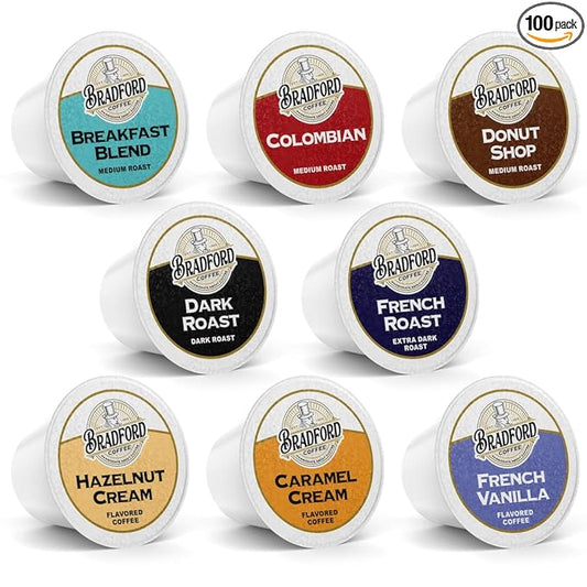 100ct Variety Pack for Keurig K-cups®, 8 Assorted Single Cup Sampler 20% more coffee per cup by Bradford Coffee