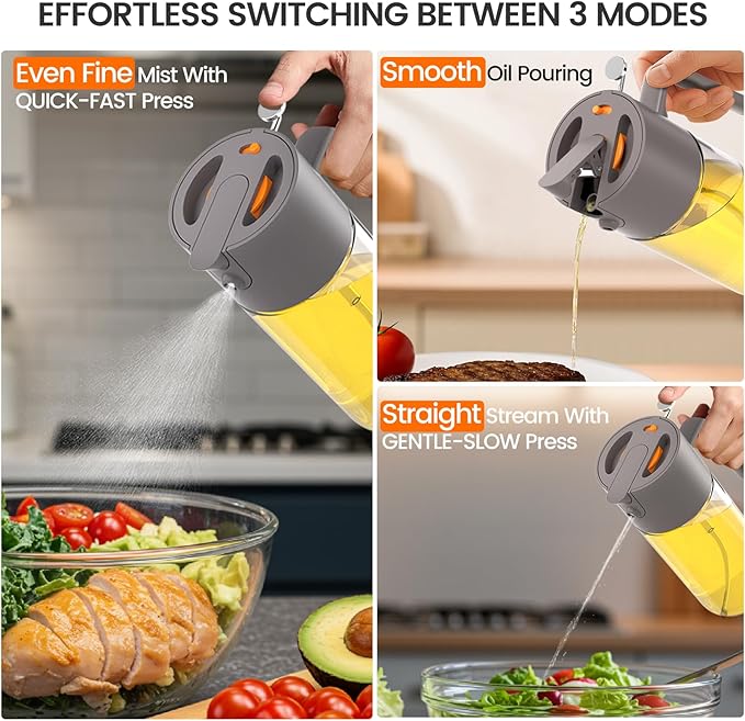 Oil Sprayer for Cooking, 2025 Large Advanced Olive Oil Dispenser Bottle,500ml/17oz Glass Olive Oil Sprayer,2 in 1 Even Spray with Portion Control for Kitchen, Air Fryer, Salad, BBQ - Gray