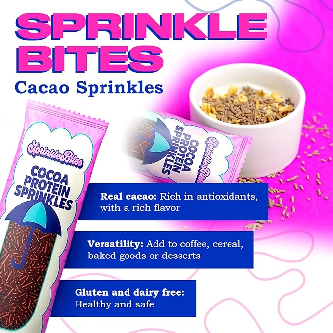 Sprinkle Bites Cacao & Colorful Sprinkles - 10 Pack (5 Each) - Variety Pack - Veggie Protein - Natural Cookie Decorating - Plant Protein Snacks - Cookie Decorating Supplies Sprinkles
