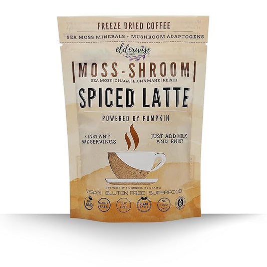 Elderwise Organics Coffee Spiced Latte | Powered by Pumpkin & Mushrooms | Sea Moss, Chaga, Lion's Mane, Reishi | 8 Servings - Freeze Dried Instant - Chemical free - Fair Trade