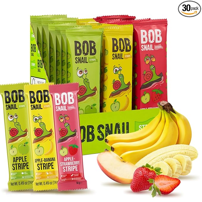 BOB SNAIL Healthy Organic Fruit Snacks for Kids and Adults ??30 Organic Fruit Leather Snacks with Apple, Banana, Strawberry ??Vegan Low-Carb Variety Pack Strips for Kids ??Sugar Free Jerky Bars