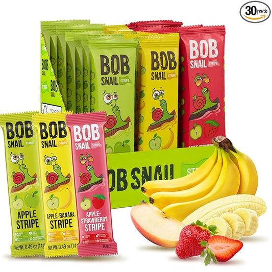 BOB SNAIL Healthy Organic Fruit Snacks for Kids and Adults ??30 Organic Fruit Leather Snacks with Apple, Banana, Strawberry ??Vegan Low-Carb Variety Pack Strips for Kids ??Sugar Free Jerky Bars
