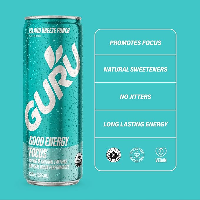 GURU Island Breeze Punch Organic Energy Drinks, Clean Energy Drink with Plant Based Natural Caffeine from Green Tea + Focus with L Theanine, Gluten Free and Vegan, 140MG Caffeine, 12oz (Pack of 24)