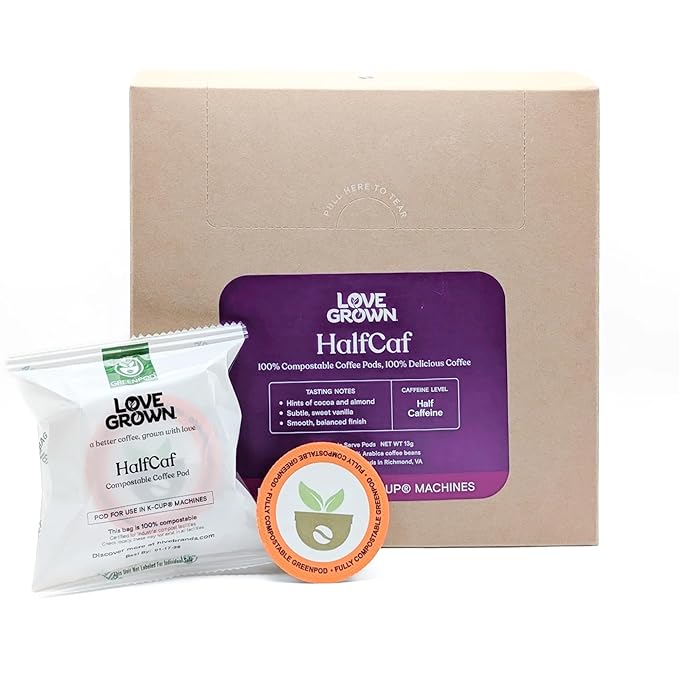 Love Grown Compostable Coffee Pods - Compatible with Single-Serve Brewing Machines - 100% Arabica Beans, Plastic-Free, Gluten-Free, Non-GMO - Half-Caf, Box of 15