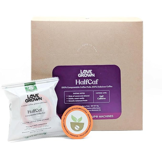 Love Grown Compostable Coffee Pods - Compatible with Single-Serve Brewing Machines - 100% Arabica Beans, Plastic-Free, Gluten-Free, Non-GMO - Half-Caf, Box of 15