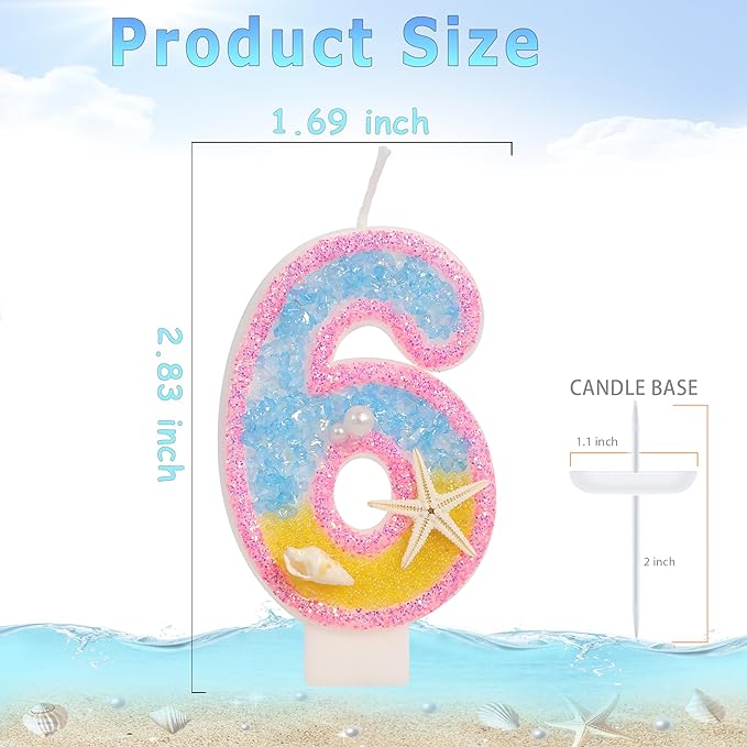 6th Birthday Candle for Cake, Pink Beach Starfish Sequins Number Cake Candles, 2.76 inch Pink Cake Topper Decoration for Birthday Party (Number 6)