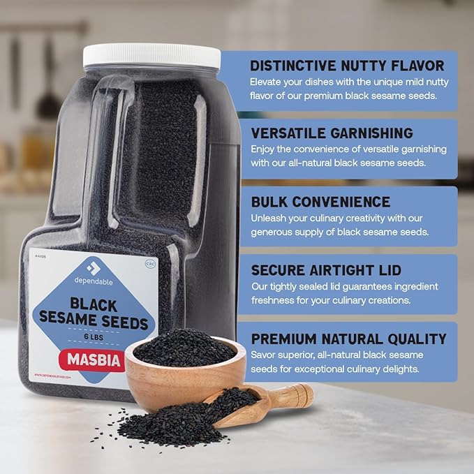 Dependable Food Black Sesame Seeds -6 Lb. Jar- Kosher, Bulk - Perfect for Chefs, Restaurants & Culinary Enthusiasts - Natural & Non GMO - 100% Sesame Seeds - Great for Sushi, Desserts & Baked Goods