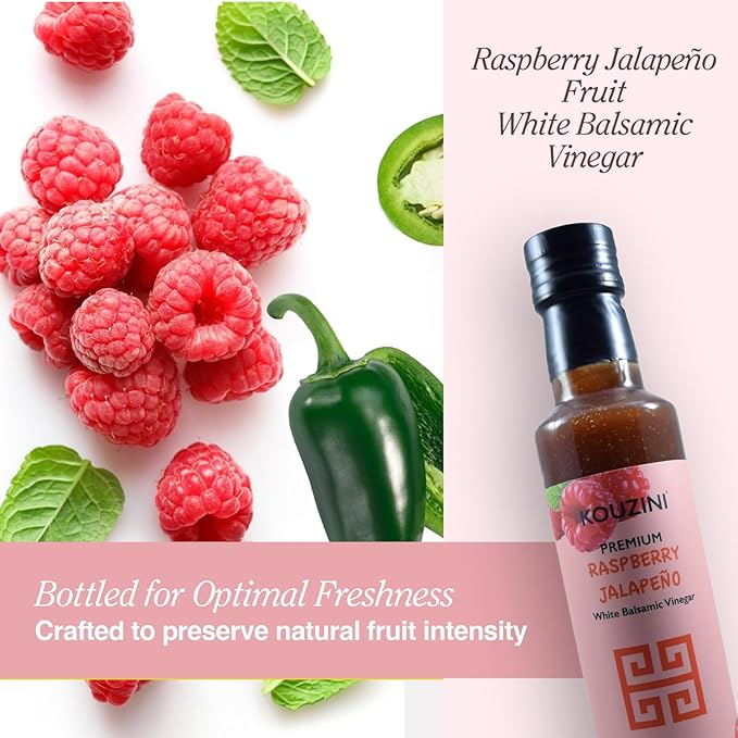 Kouzini Ultra Premium Raspberry Jalapeno Fruit White Balsamic Vinegar, Aged Balsamic Vinegars from Modena, Italy, Premium, Smooth & Full-Bodied Flavor, 250ml Bottle