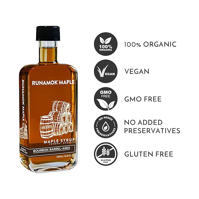 Runamok Organic Bourbon Barrel Aged Maple Syrup - Vermont Maple Syrup, Pure Maple Syrup for Cocktails, Cheese Pairing & Perfect To Be Used As Pancake Syrup, Maple Syrup Organic | 8.45 Fl Oz (250mL)