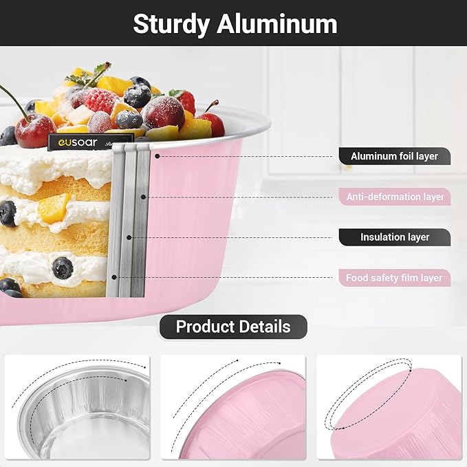 EUSOAR Muffin Liners, 25pcs 9oz Pink Creme Brulee Disposable Ramekins Cake Storage Container, Cake Pans with Lids Cups Cupcakes Bread Pudding Round Holders for Wedding Birthday Theme Party