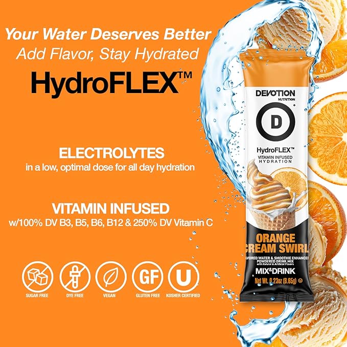 Devotion Nutrition HydroFLEX Water Flavoring Packets ??Sugar-Free Hydration with Vitamins & Electrolytes ??Dye-Free, Gluten-Free (Orange Cream Swirl) 12-Pack Drink Mix
