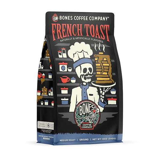 Bones Coffee Company French Toast, Sweet and Buttery Flavored Coffee, Medium Roast Low Acid Arabica Beans Compatible with Auto drip and French Press Coffee Maker, 12 Oz Ground