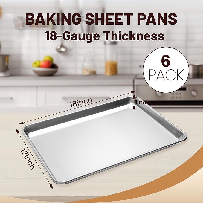 6 Pack Half Size Baking Sheet Pan Aluminum Commercial Pan for Oven Freezer Bakery Hotel Restaurant 13" × 18"