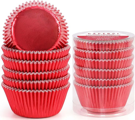 Caperci Red Foil Cupcake Muffin Liners Standard Size Baking Cups 150-Pack - Premium Greaseproof & Sturdy
