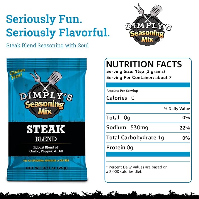 Dimply's Steak Seasoning Mix – 6 Pack, Single Serve Dry Rub and Marinade – Garlic Pepper Dill Blend for Meat, Chicken, Tofu, and Vegetables – Vegan, Gluten Free, No MSG, Preservative Free