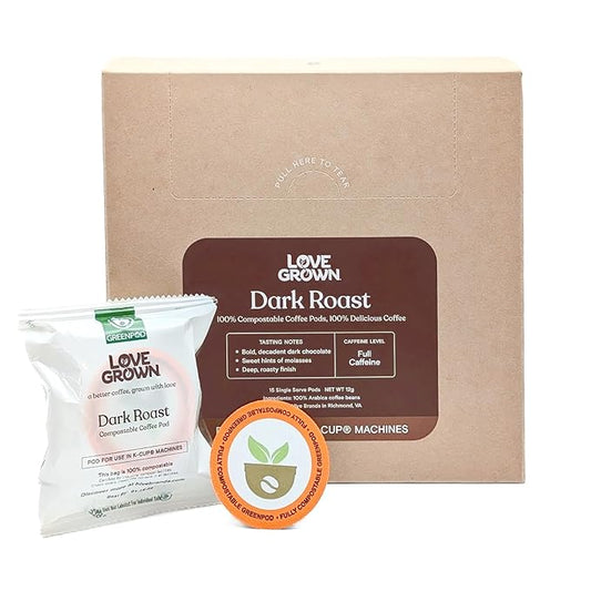 Love Grown Compostable Coffee Pods - Compatible with Single-Serve Brewing Machines - 100% Arabica Beans, Plastic-Free, Gluten-Free, Non-GMO - Dark Roast, Box of 15