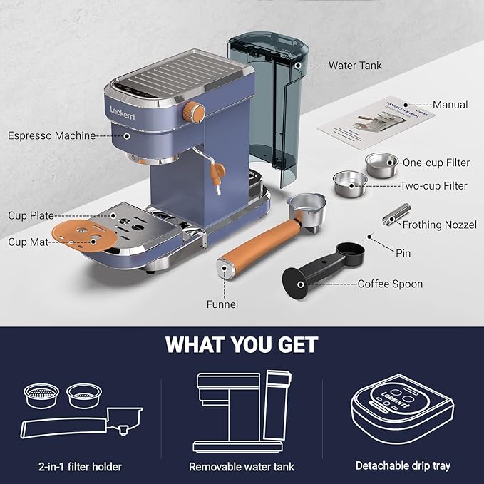 Laekerrt Espresso Machine, Expresso Coffee Machines, 20 Bar Cafetera Espresso with Milk Frother Steam Wand for Home, Compact Small Stainless Steel Coffee Maker for Latte and Cappuccino, Blue