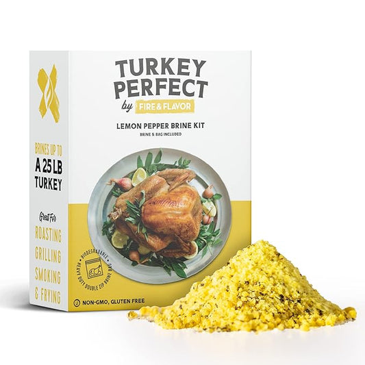 Fire & Flavor Lemon Pepper Turkey Perfect Brine - Turkey Brine Kit with Bag for Roasting, Grilling, Smoking, and Frying - Brining Seasonings for Cooking and Turkey Brine Bag - Turkey Brine and Rub Kit