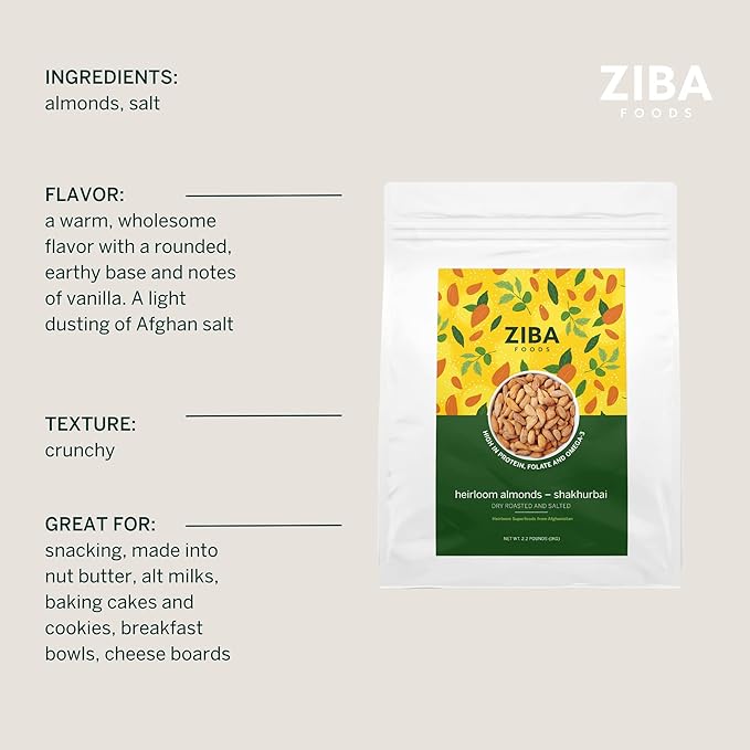 Ziba Foods Heirloom Shakhurbai Almonds | Salted & Dry Roasted Almonds | Non-GMO, Vegan, Gluten Free Whole Almond Nuts | Heirloom, Warm & Nutty | Healthy, Delicious Almond Snacks, 2.2 lbs