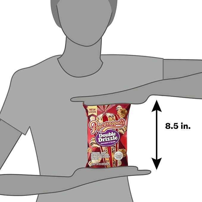 Popcornopolis Double Drizzle 6 ct, 2 oz Case, Caramel and Kettle with Chocolatey Stripes Flavored Indulgent Popcorn