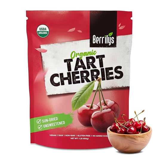 Berrilys Organic Unsweetened Dried Tart Cherries 1 lb, (16 oz) - No Sugar Added, Perfect for Baking, Snacking & Salads - Unsweetened - Non-GMO, Vegan, Cherries for Healthy Living