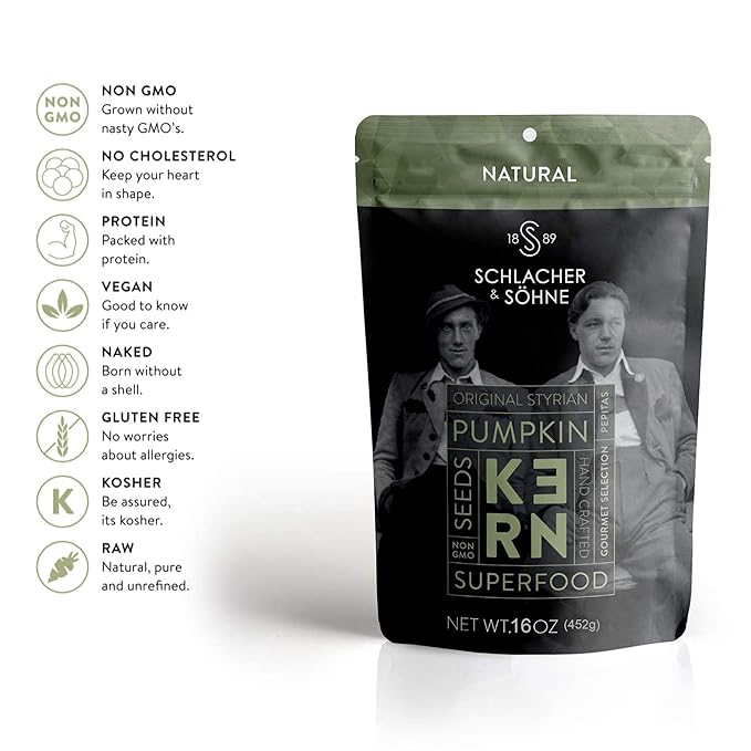 Schlacher & Söhne Styrian Pumpkin Seeds, 100% Pure & Natural, Premium Quality Pepitas, Healthy Snacks, Raw, Keto Friendly, Unsalted, Full of Proteins, Made in Austria (1 Pound, Natural Seeds)
