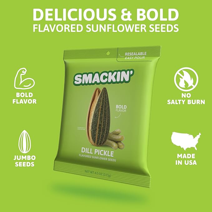SMACKIN' - Jumbo Roasted Sunflower Seeds, No Salty Burn, American Made, Easy Pour & Seal - Dill Pickle, 4oz bag (12 Bags)