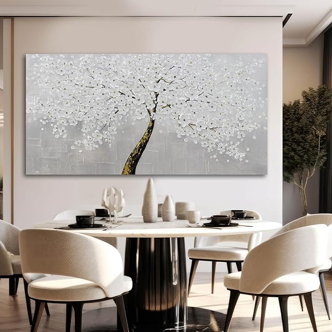 VAYIMDH Botanical Wall Decor for Living Room White with Gold Painting on Canvas Floral Wall Art Nature Artwork for Office Home 29"x 58" Hand Painted