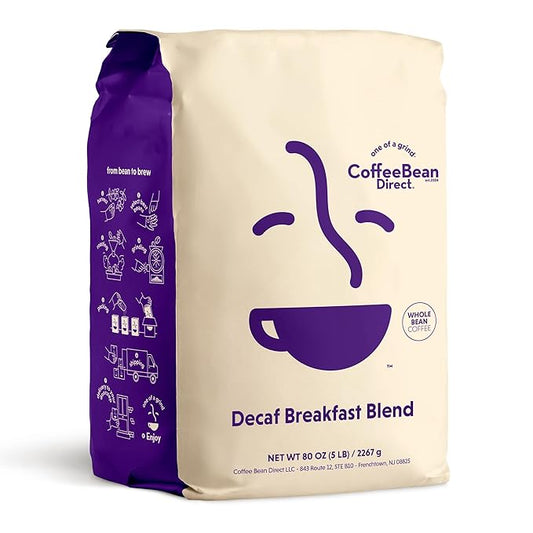 Coffee Bean Direct Decaf Breakfast Blend, Whole Bean Coffee, Mixed Roast Level, Smooth and Mellow, 5-Pound Bag