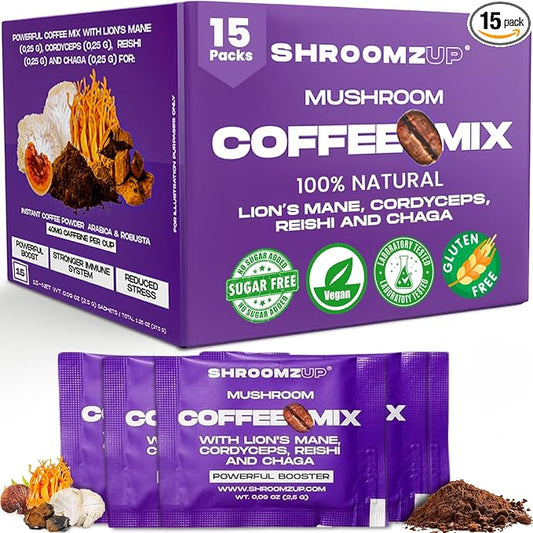 Shroomzup Mushroom Coffee Instant - 15 Single Serve Packets with 4 Mushrooms - Lion’s Mane, Reishi Chaga Cordyceps - Vegan Nootropic Coffee for Energy
