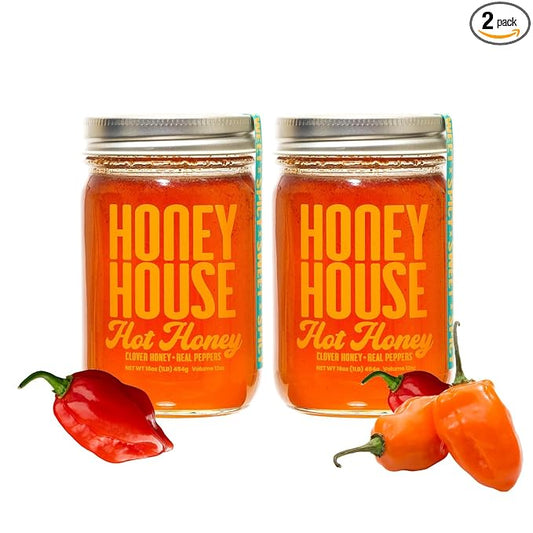 Honey House Hot Honey Premium Spicy Infused with Chili Peppers | 100% Natural with Natural Spices | Gourmet Sweet & Spicy Condiment for Pizza, Ice Cream, Cheese, Chicken, Veggies and More (Pack of 2)