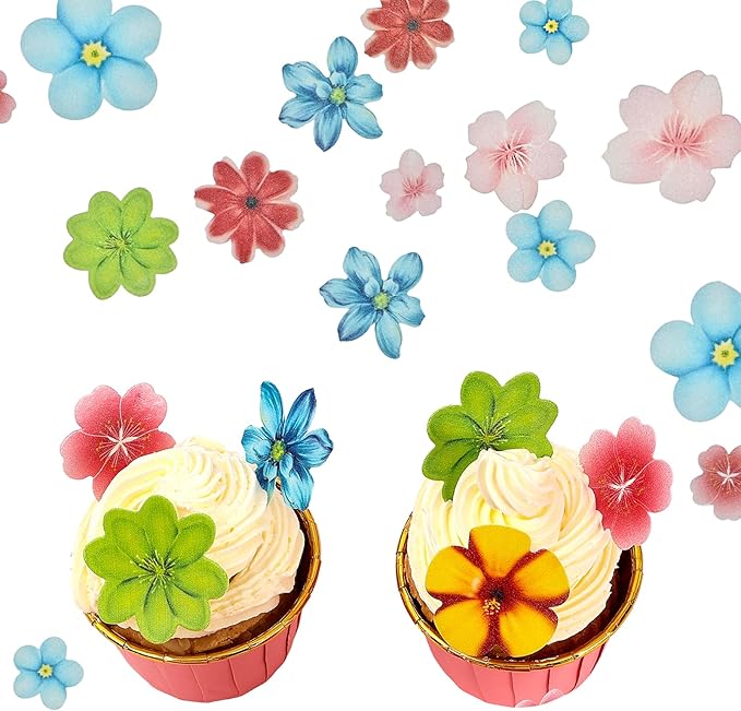 YOcity 70Pcs Edible Flowers Cake Toppers Cupcake Topper Luau Hawaii Flowers Wafer Paper Flower Cake Decorations for Wedding Birthday Baby Shower Party Supplies Mixed Size & Colour