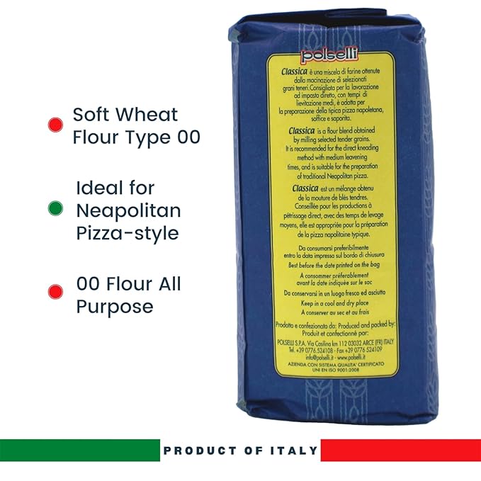 POLSELLI 2 PACK, Classica, Type 00 Flour, Tipo OO, All Natural, No Additives, Unbromated for Pizza, Bread, Pasta, and Baking, 2 pack x 1 kg (2.2 lbs)
