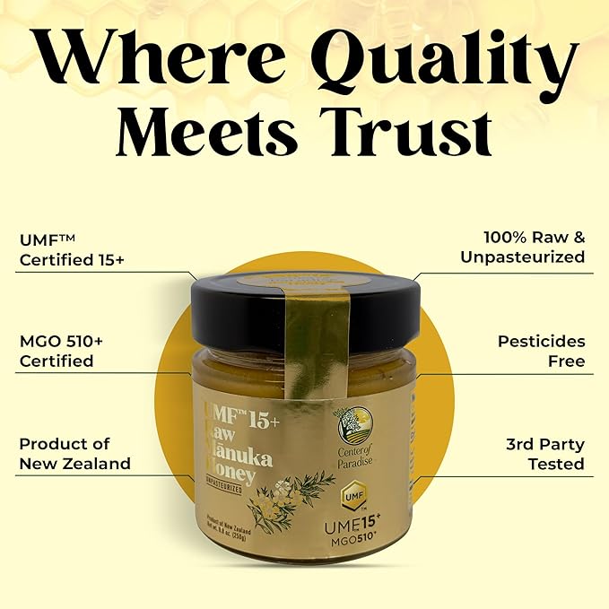 Center of Paradise Raw Manuka Honey Certified UMF 15+ | MGO 510+ (250g / 8.8oz) Glass Jar - Pure & Natural Manuka Honey New Zealand for Daily Immune Support and Wellness - Non GMO & Unpasteurized