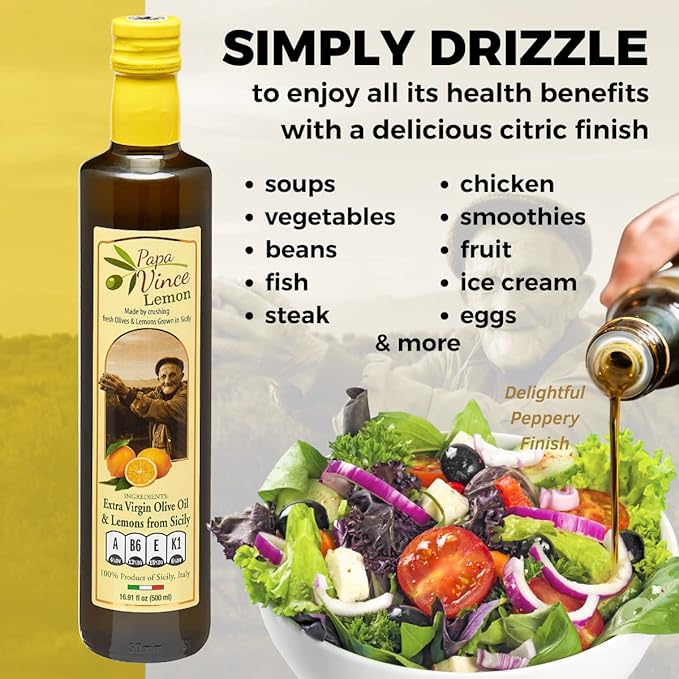 Papa Vince Olive Oil Extra Virgin - First Cold Pressed, Polyphenol Rich Olive Oil (EVOO). Lemon Agrumato, Unfiltered, Single Sourced, Glass Bottle, Family made, Sicily, Italy